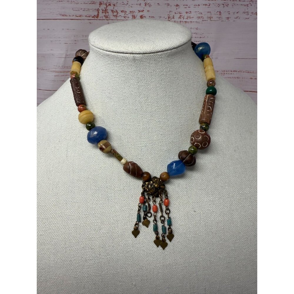 African Wood Beaded Necklace w Vintage Pendent Drop